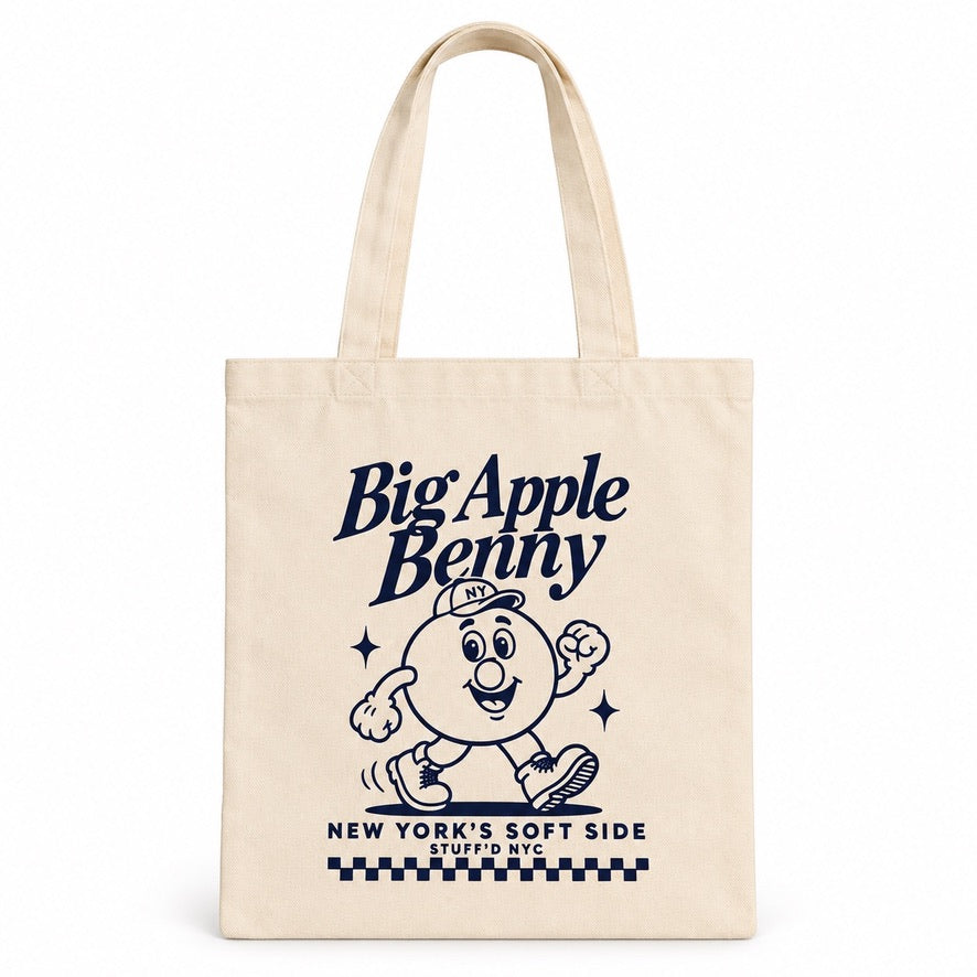 NYC Bagel Tote Bag with Big Apple Benny printed in navy, front view