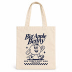 NYC Bagel Tote Bag with Big Apple Benny printed in navy, front view