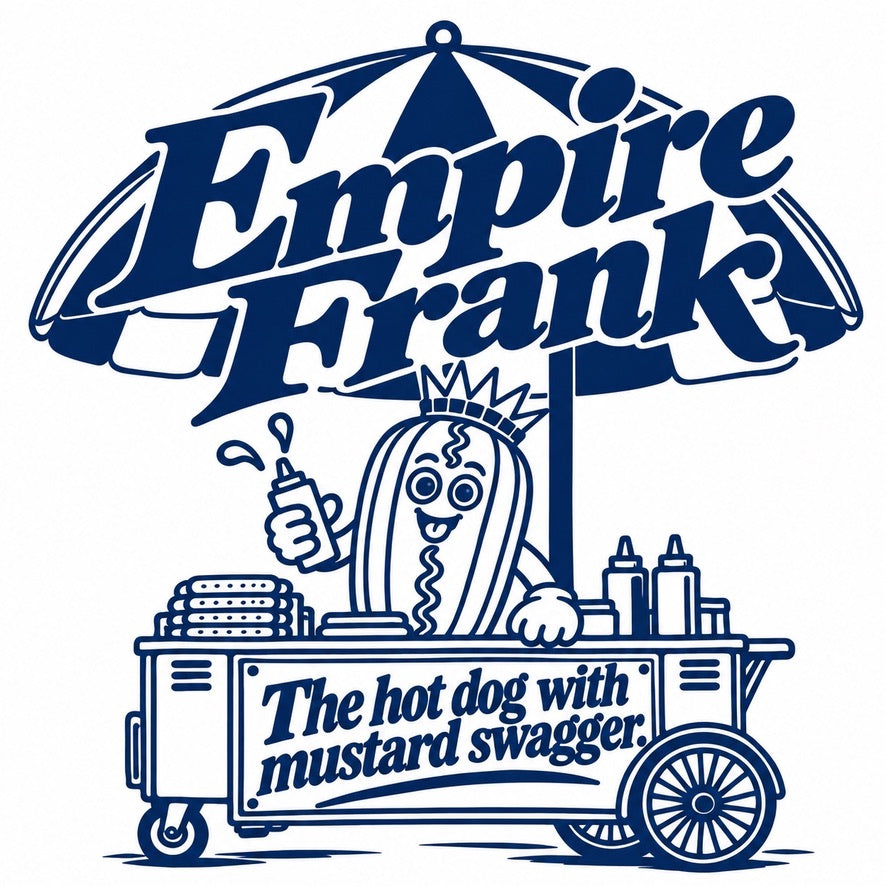 Close-up of the Empire Frank design: "The hot dog with mustard swagger"