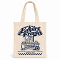 NYC Hot Dog Tote Bag with Empire Frank and his hot dog cart printed in navy, front view