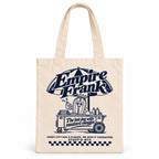 NYC Hot Dog Tote Bag with Empire Frank and his hot dog cart printed in navy, front view