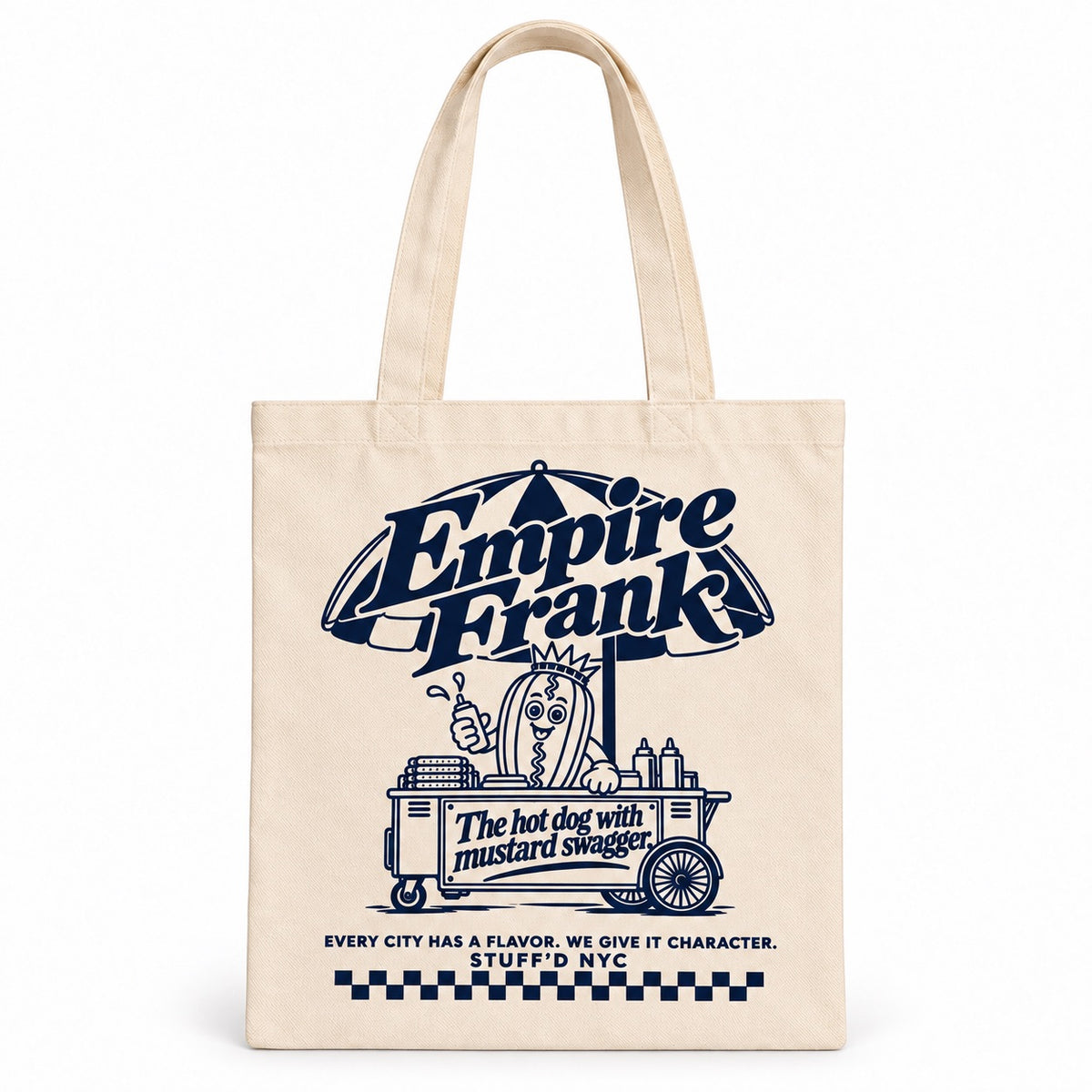 NYC Hot Dog Tote Bag with Empire Frank and his hot dog cart printed in navy, front view
