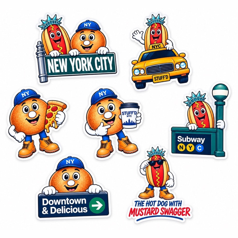 All seven stickers in the NYC Sticker Pack laid out together