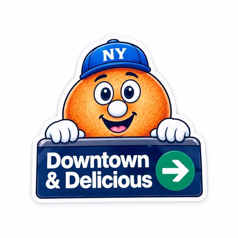Sticker of Big Apple Benny over a Downtown & Delicious sign