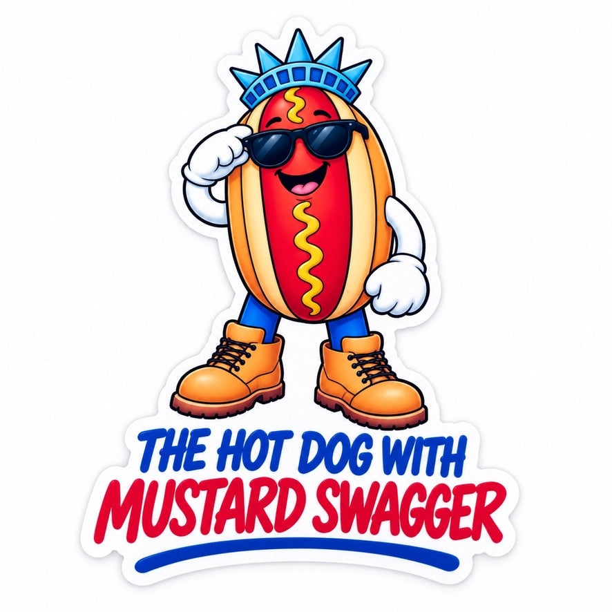 Sticker of Empire Frank in sunglasses with the words The hot dog with mustard swagger