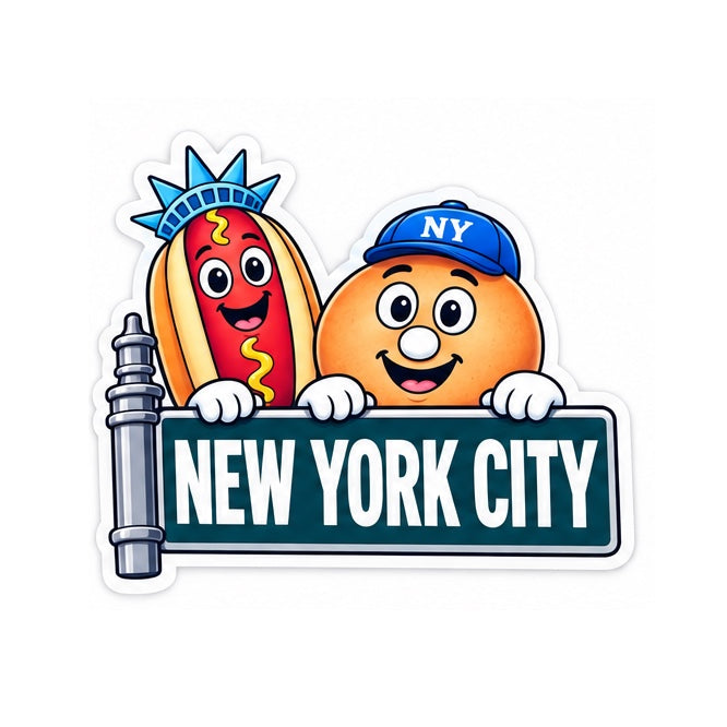 Sticker of Big Apple Benny and Empire Frank peeking over a New York City street sign