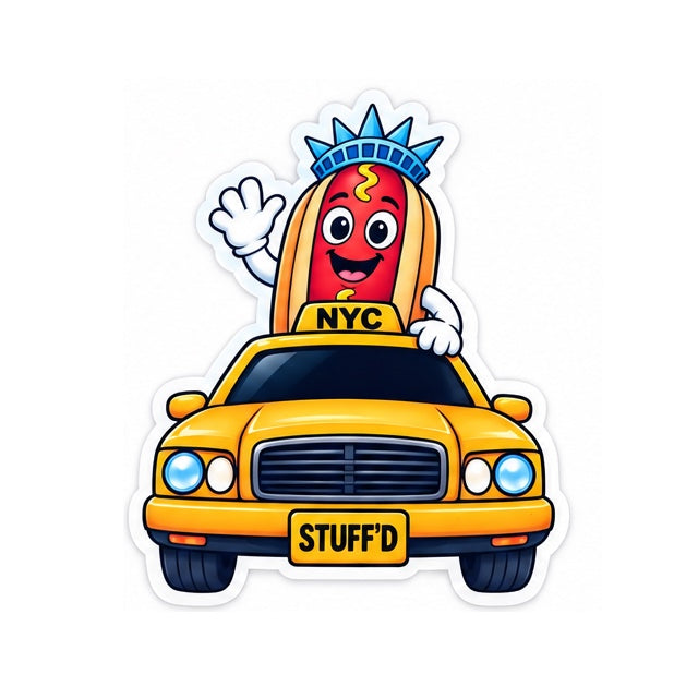 Sticker of Empire Frank waving from a yellow NYC taxi