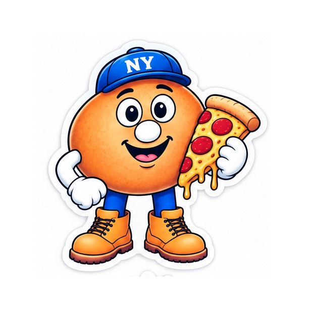 Sticker of Big Apple Benny holding a slice of pepperoni pizza