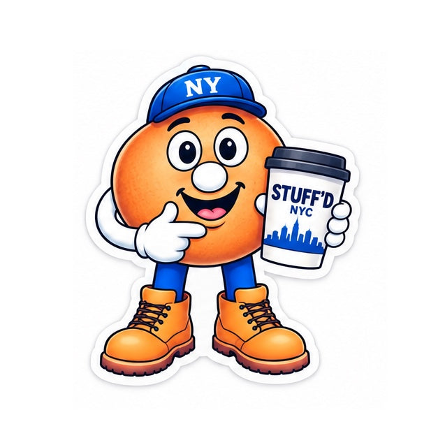 Sticker of Big Apple Benny holding a STUFF'D NYC coffee cup