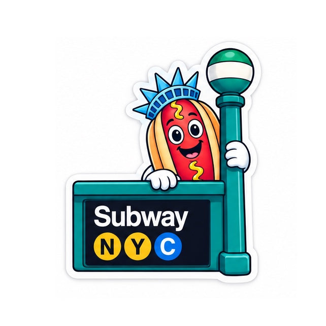 Sticker of Empire Frank peeking over a Subway NYC entrance sign